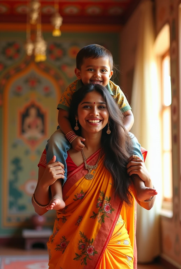 Create a realistic photograph of a smiling and beautiful indian woman in floral silk saree carrying a large chubby man on her shoulders in a room, man is sitting on top of her shoulders , man on top, woman at bottom 