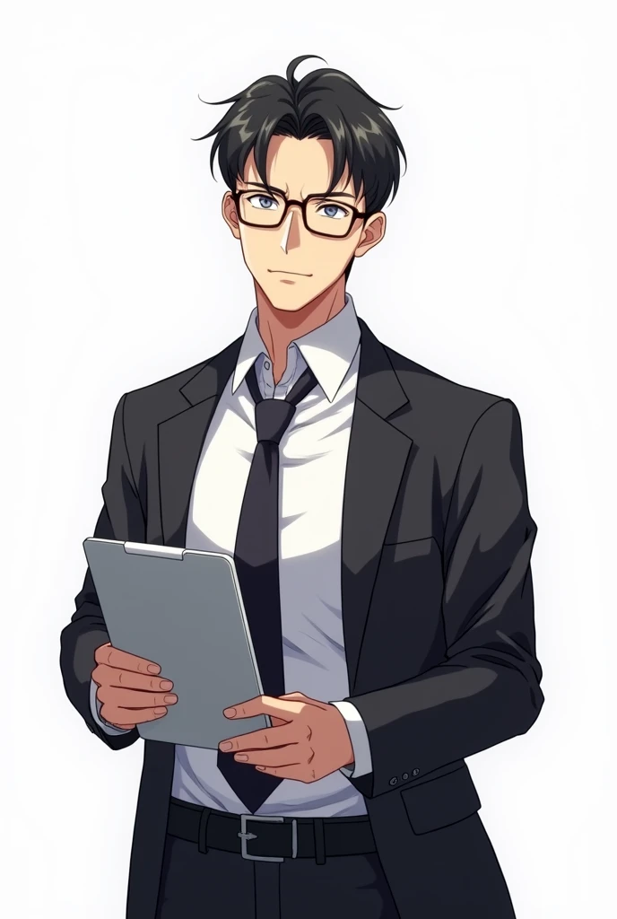 Black hair male teacher, glasses, white shirt and tie, jacket, holding an iPad, anime image, white background, 1080p image