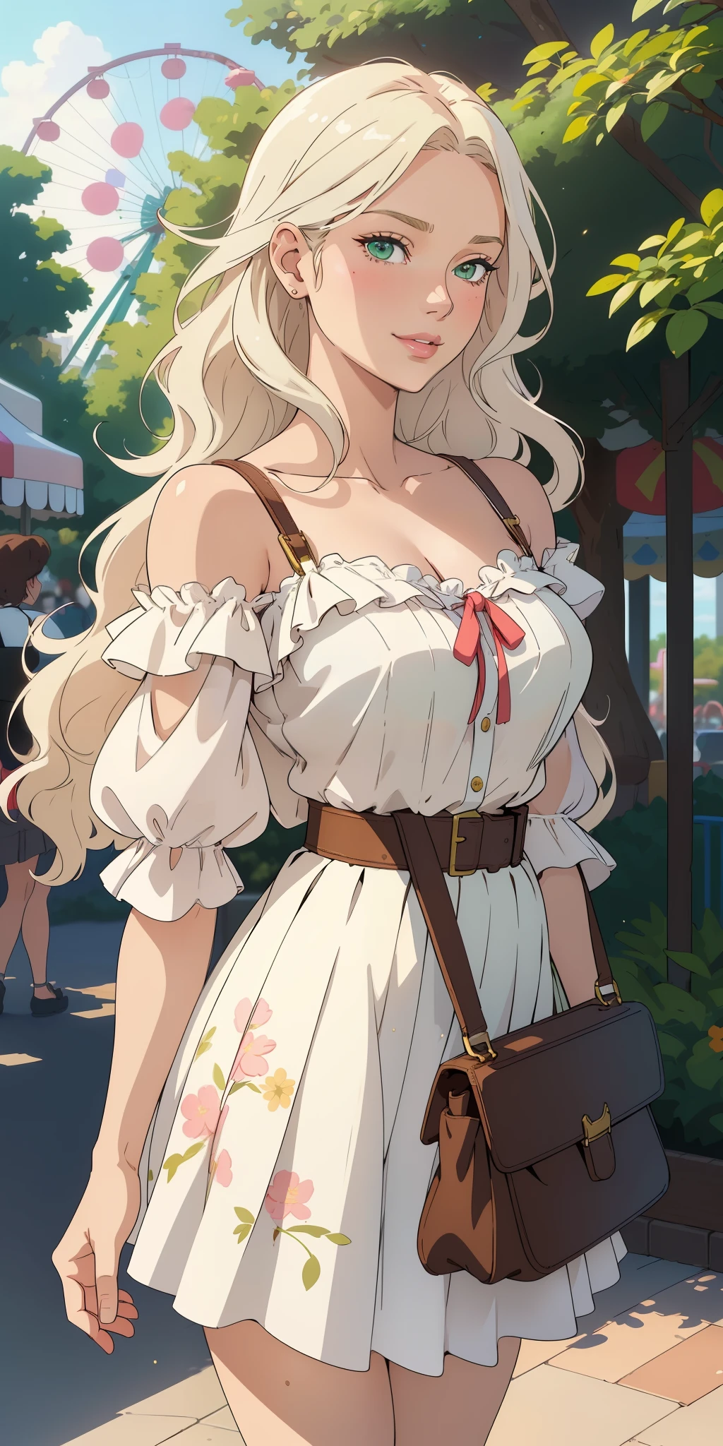 (best quality, ultra-detailed, photorealistic: 1.39), bright and vibrant colors, studio lighting, romantic expression, An effeminate warrior, with a delicate and beautiful face. She is a girl who reflects seductive beauty, sparkling greenish eyes, a beautiful woman with her long wavy white hair, her greenish eyes match her smile of a woman in love, her large breasts seduce, wearing a beautiful simple blouse, ruffles on the neckline, her flowered pleated skirt highlighted by the wind, waiting in front to the amusement park, small women's shoulder strap bag, amusement park as background, anime style