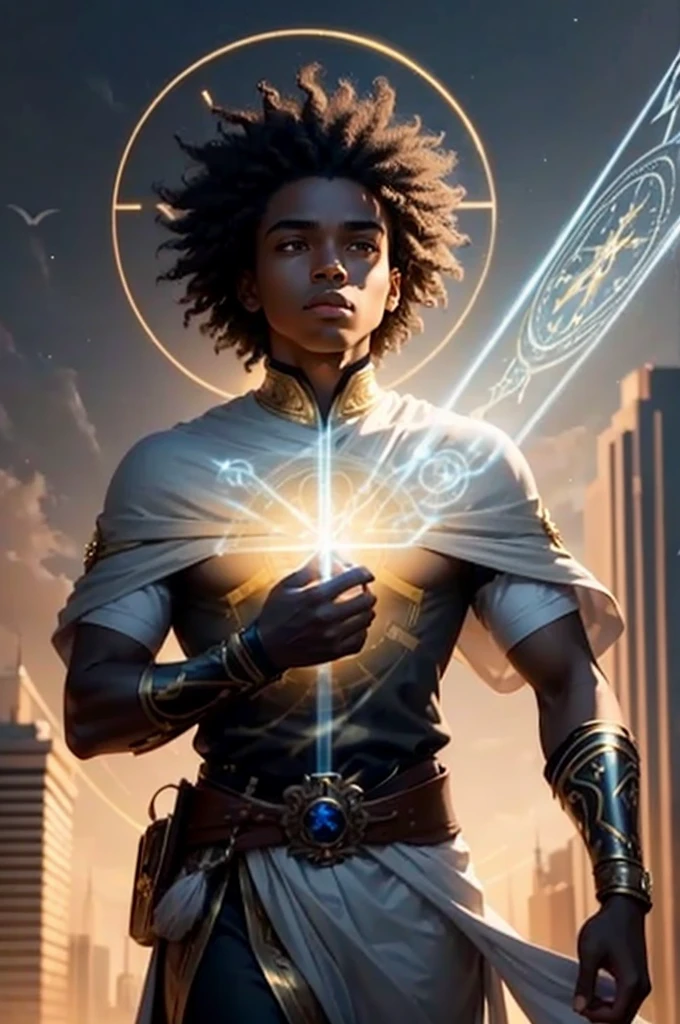 Create an image of Kalel as a celestial messenger, depicted as a Black person with dark skin and short, well-defined curly hair. Kalel should be flying above a modern city at night, enveloped in radiant light emanating from his hands while holding an ancient scroll that glows with sacred symbols. The city below should be lit with artificial lights, contrasting with the divine light that Kalel carries with him. The color palette should include shades of silver, dark blue, and gold, and the artistic style should be mystical and contemporary, capturing the duality between the sacred and the modern.
