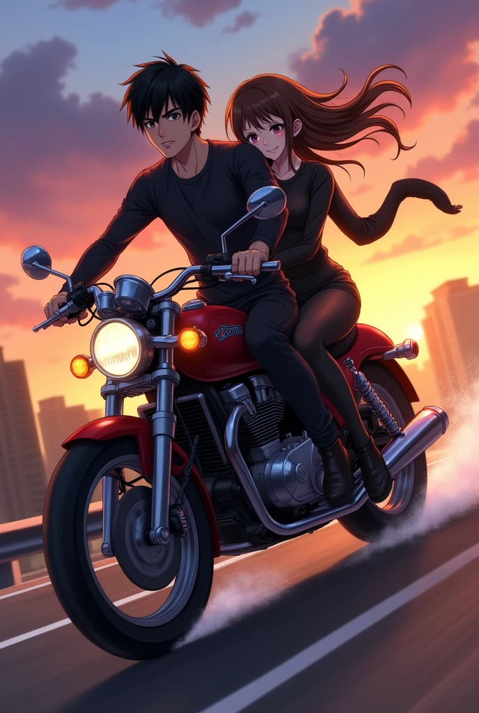 An anime man with black hair and dark maroon Eyes and he is sitting on the back seat of the bike an anime woman with long middle brunette hair and dark brown eyes  and she is driving the bike and they are wearing biker Boyz outfit 