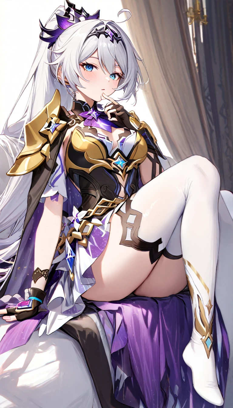 masterpiece, best quality, ((pure white background)), kiana kaslana \(honkai impact 3rd\), herrscher of finality, white hair, ahoge, ponytail, very long hair, blue eyes, (ornate military jacket:1.6), (golden shoulder armor:1.5), (flowing cape:1.4), (ruffled skirt:1.4), (thigh-high stockings:1.5), (gold accents:1.6), (lace cravat:1.3), (decorative belt:1.4), (elaborate embroidery:1.4), (fingerless gloves:1.3), sit on a sofa