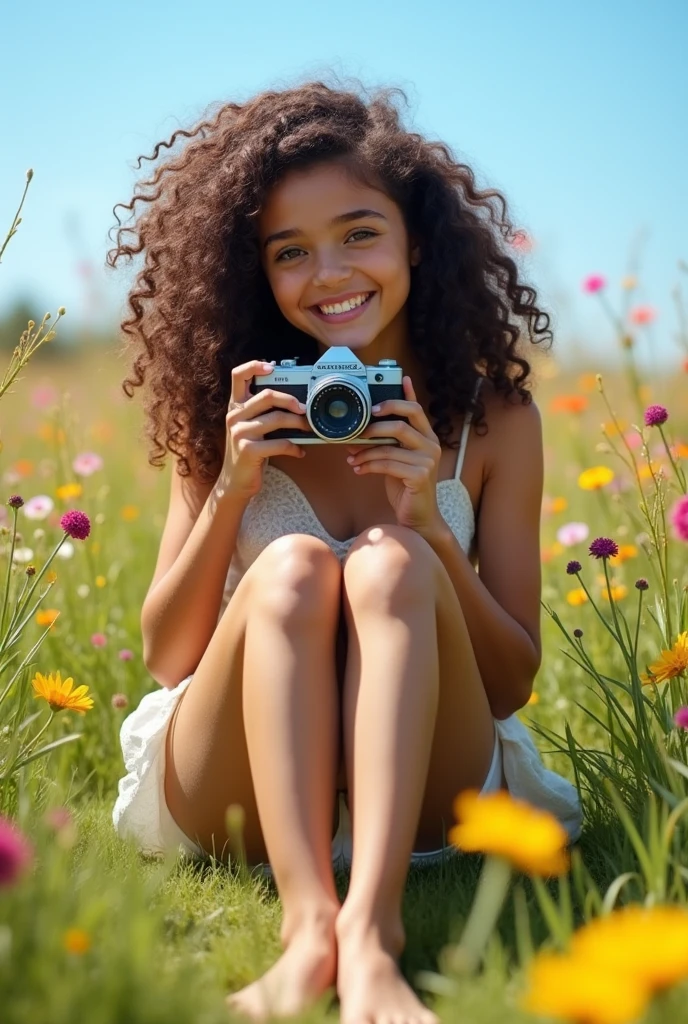 A brunette girl with curly hair and big breasts sits with her legs stretched out, taking a realistic photo