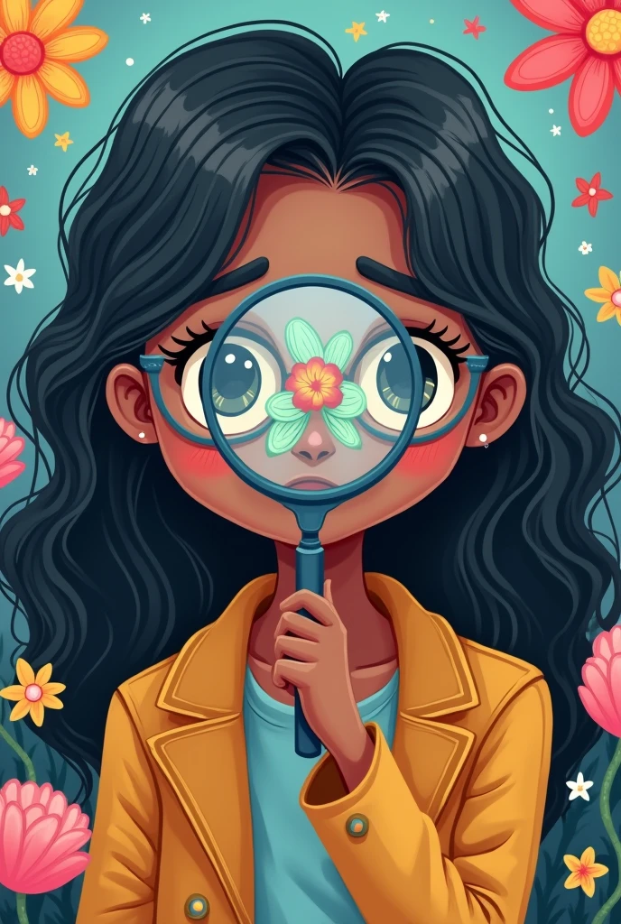Detective girl with wavy long dark hair, use grey glasses, cool skintone, looking at the magnifying glass and the glass has fae. Cute and cartoon theme