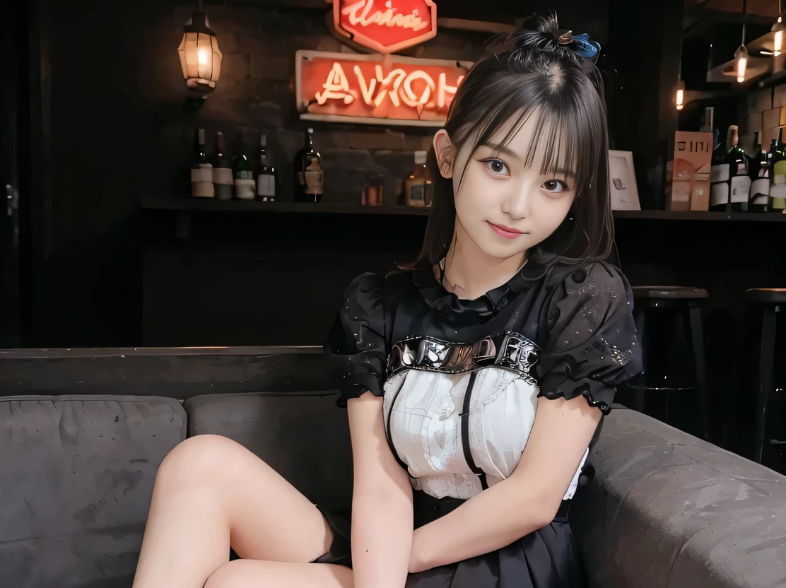 ((Dark interior with eye-catching neon lights、Large windows、Night view、Alcohol is displayed))、8k、(Photorealistic)、(Ultra-high realism)、(Ultra-high resolution)、(Ultra-high resolution)、((Cute Smile)) (、Very cute face, )、(Smooth Skin、Realistic texture)、Realistic eyes)、(Brown Hair、Moisturized hair、Shiny beautiful hair、Short Bob、Hair behind the ear、Very fine hair)、Beautiful breasts、Beautiful breasts cleavage、Narrow waist、narrow、BIG ASS、(Black short sleeve lace top、micro mini)((Neon tube background))、bar counter、Sitting on the couch、Lift your legs(Erotic and bold gravure poses))、((Full Body Shot))、(idol)、(Side angle)、Cowboy Shot、Waist、Thighs、