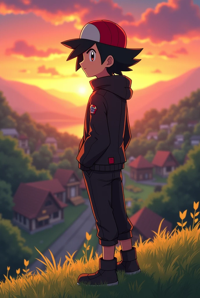 handsome Ash Ketchum with black and red clothing standing on the hill looking at the pallet town
