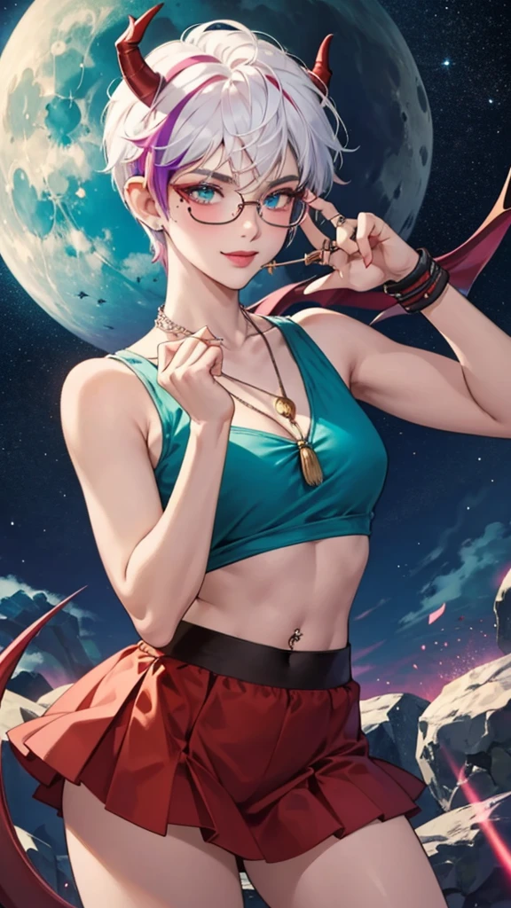 8k, masterpiece, best quality, highly detailed, 1 girl, tiefling, monk, pixie cut, multicolored hair, very short straight hair red highlight hair on white hair, strippled hair, wearing glasses, round glasses, earrings, navel piercing, red eyeshadow, long eyelashes, blushed cheek, red lips, pearl necklace, rings, collarbone, mole on face, glamorous, teal and purple clothes, sleeveless, miniskirt, smirk, close up view, rings, looking at viewer, demon horns, solo, starry sky, plae blue moon, standing, boxing stance, scaled arms, chains on the background.