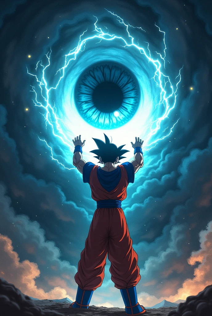 Make Goku and raise his hands while hands while making energy coming out of his hands and looking at the dark sky with a cosmic dark eye, around the eyes there is black smoke 