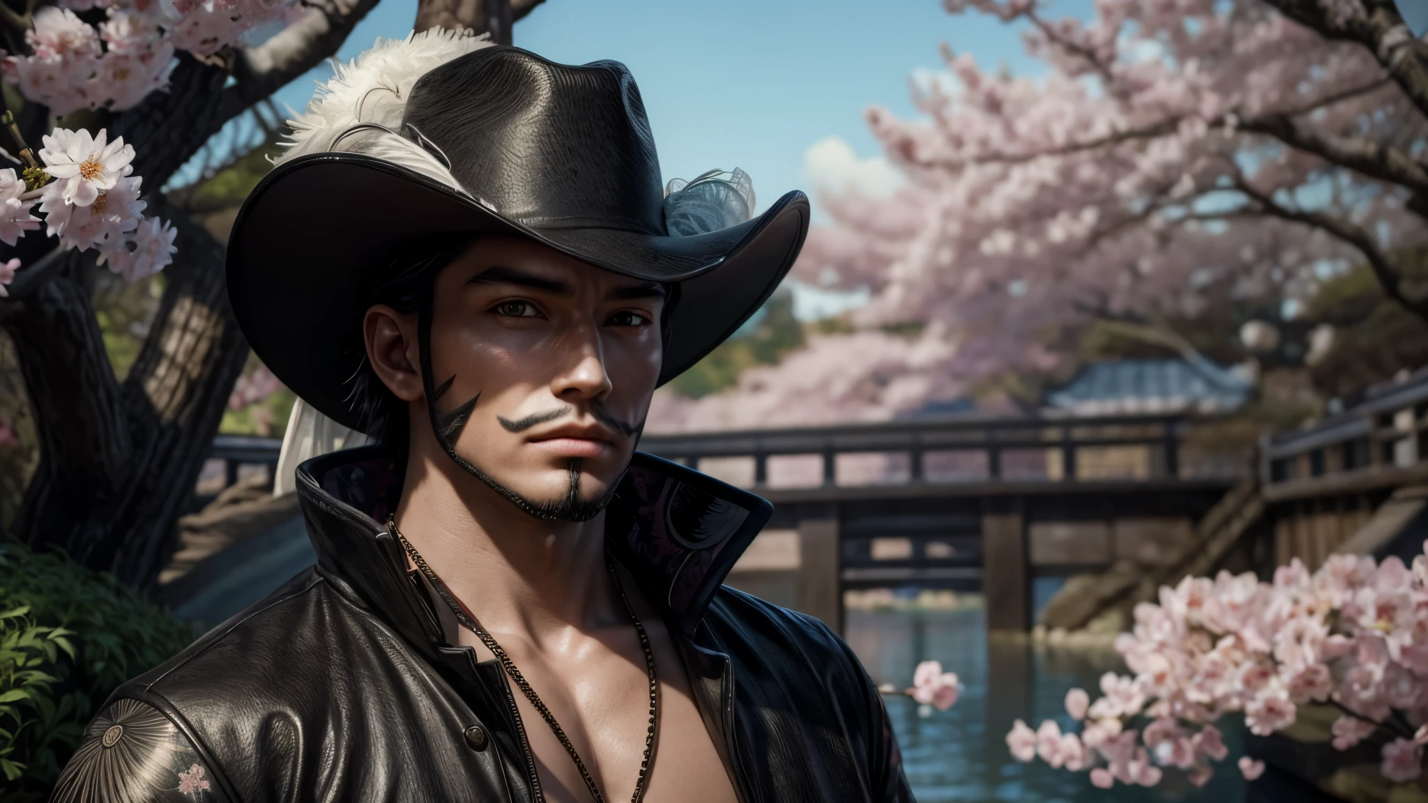 masterpiece, best quality, extremely detailed, hyperrealistic, photorealistic, a cool 40s man, ultra detailed face:1.2, black hat with feathers, japanese style garden:1.2, cherry blossoms
