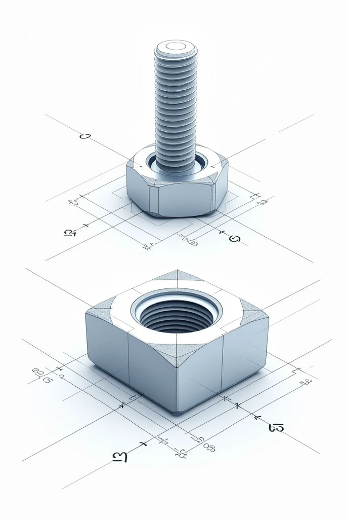 Give me the photo axial view of square headed nut and bolt engineering drawings of side view and top views with clear sheet