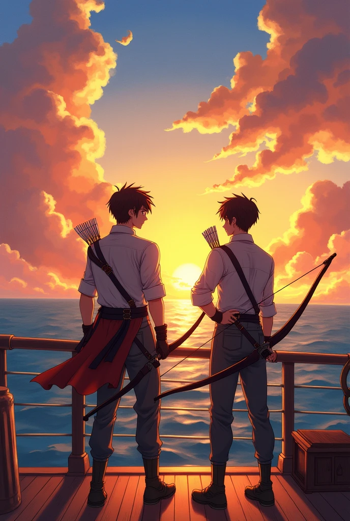 Anime, 2 young gentleman carrying a bow and arrow, a small daggers in their waist, crossing the sea, with a beautiful scenery of a sun, can be use as books cover 