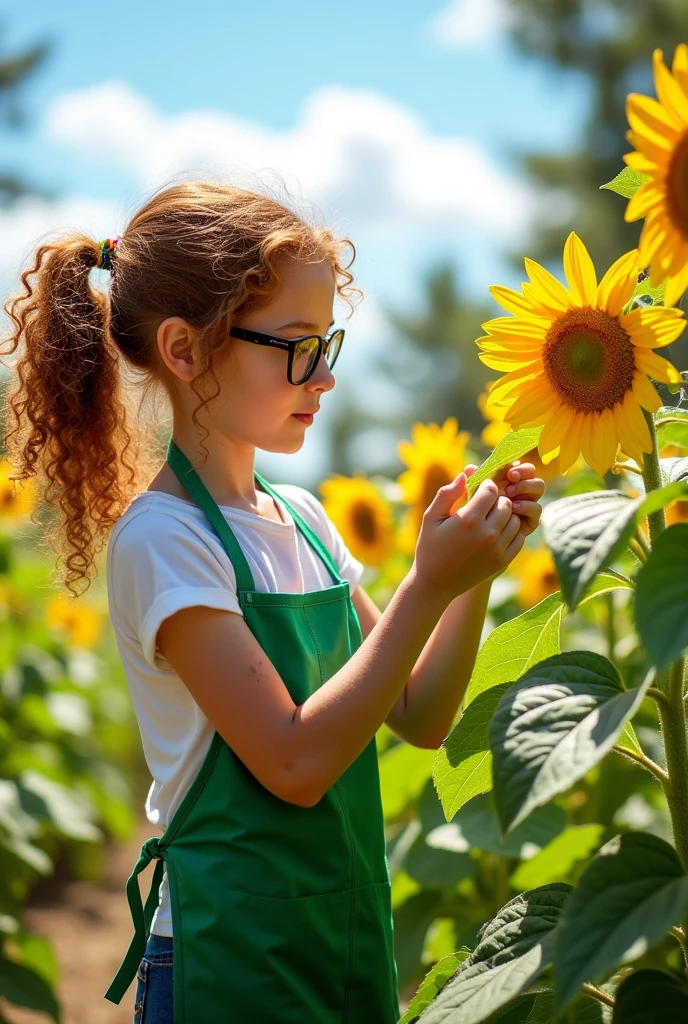 Girl with glasses works as a gardener pruning sunflowers
