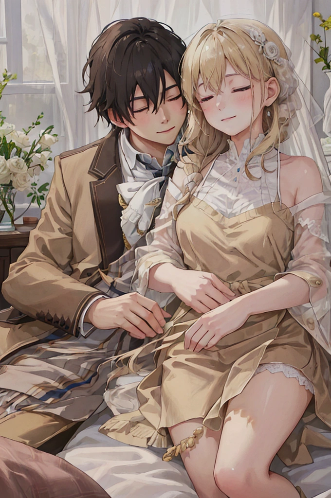 A young man sleeping on a girl's lap, the girl smiling and gently stroking his hair, romantic picnic scene, high resolution, tender, 4k, beautifully detailed eyes, beautifully detailed lips, extremely detailed eyes and face, long eyelashes, photorealistic, intricate details, warm lighting, vibrant colors, soft focus, dreamlike atmosphere, peaceful, idyllic, sentimental, intimate moment, romantic couple, comfortable, cozy