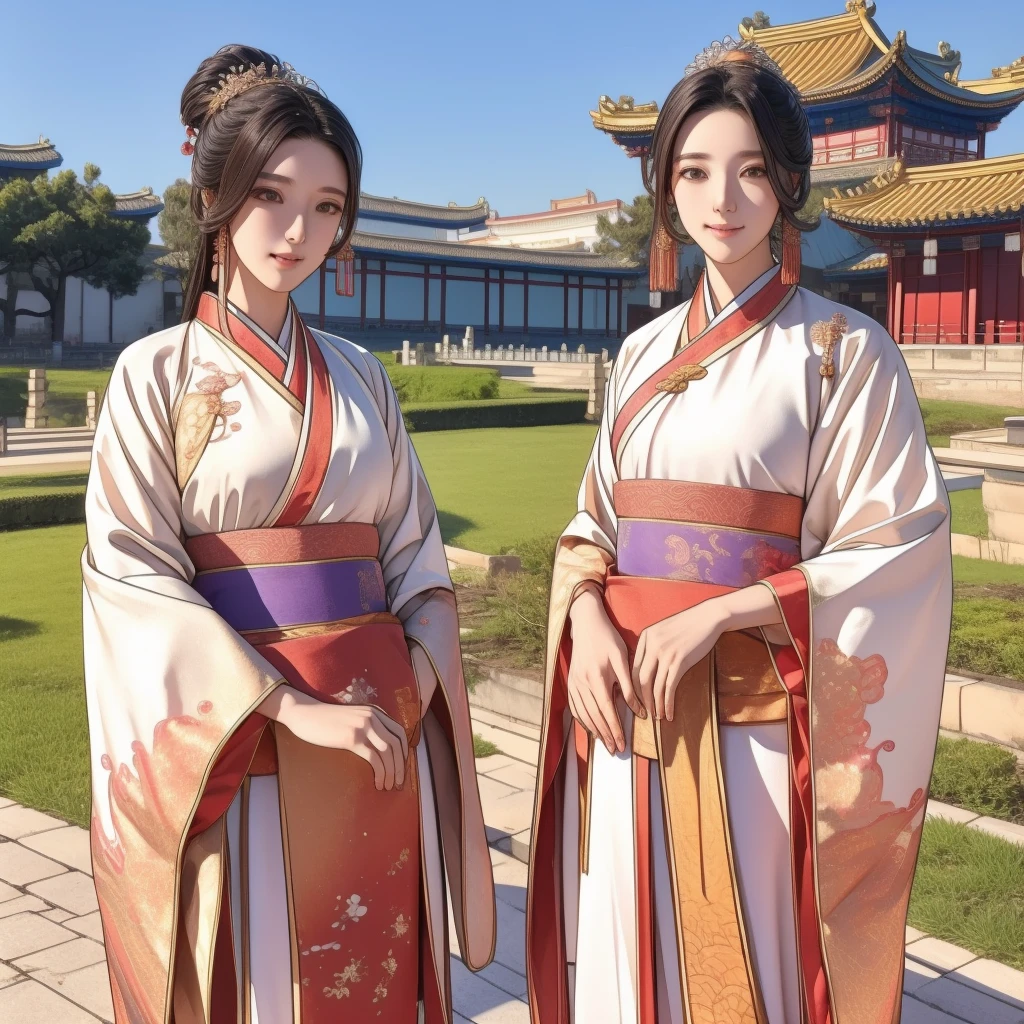 The ancient Chinese Hanfu queen has a noble face and a good figure 8K with the palace standing in the background