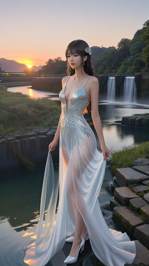 一位fair女人, fair, Sexy, Properly sized breasts, crack, long legs, see through, Standing, tulle long gown, wet, Clear, actual, Maximum details, young beautiful woman,Elegant,(Full body photo 1.7) ,((The background is a small dam 1.8)),sunset,低角度sunset強光透射薄紗