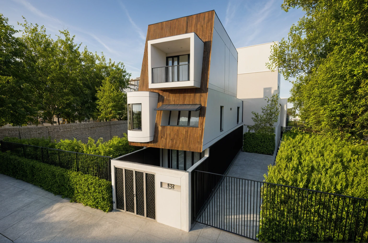 (RAW photo, masterpiece, best quality, extremely detailed, extremely delicate and beautiful, high resolution, best shadow: 1.1), modern townhouse on the street, urban landscape, exterior black industrial, wooden accents, green plants on balcony, white balcony, black steel gate, (sunny weather)