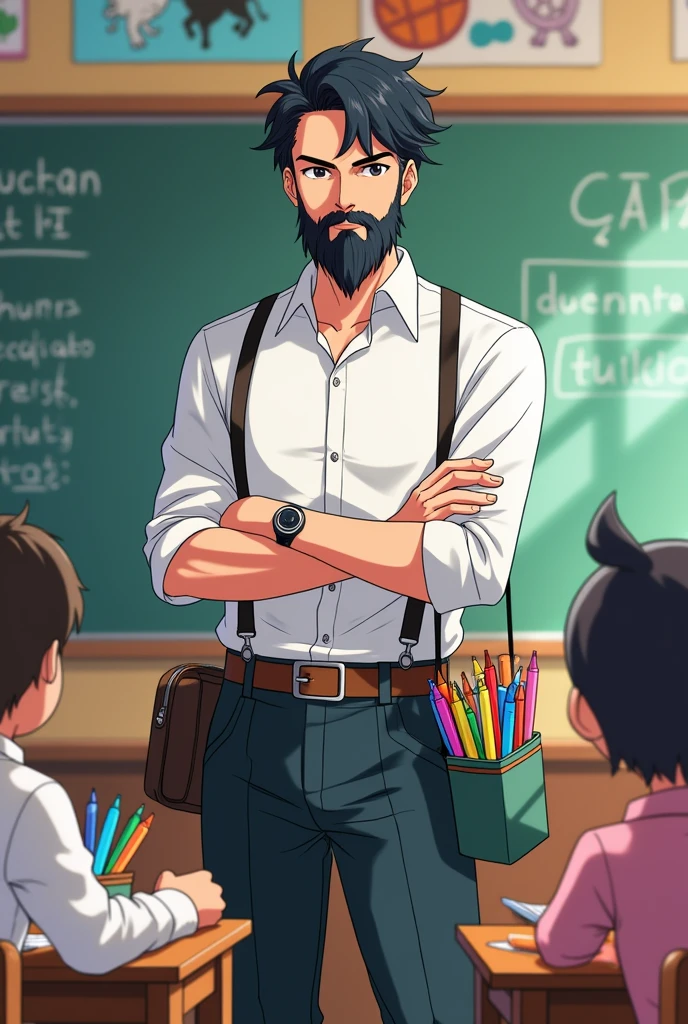 Anime pokemon style, Short black hair teacher with full beard, right hand holding a pokeball. Left hand holding books, wearing a white shirt and a leg bag with markers. School