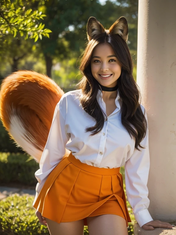 ((Highest quality, 8k)), ((masterpiece)), (Highest Resolution), Perfect Face, Fox Woman, Female college student, Beautiful woman, Outdoor, Only one tail, she has thick thighs, Her large tail, She has an orange fox tail, She wags her tail, Smiling with teeth showing, Fur collar, She's wearing a shirt and a short skirt., Plump Breasts, Beautiful Hips , A fox tail sticks out from the skirt.