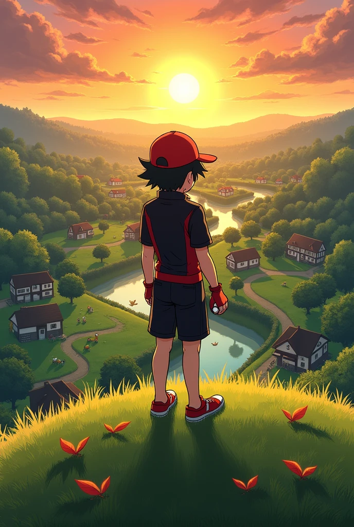 Ash Ketchum with black and red clothing standing on the hill looking at the pallet town