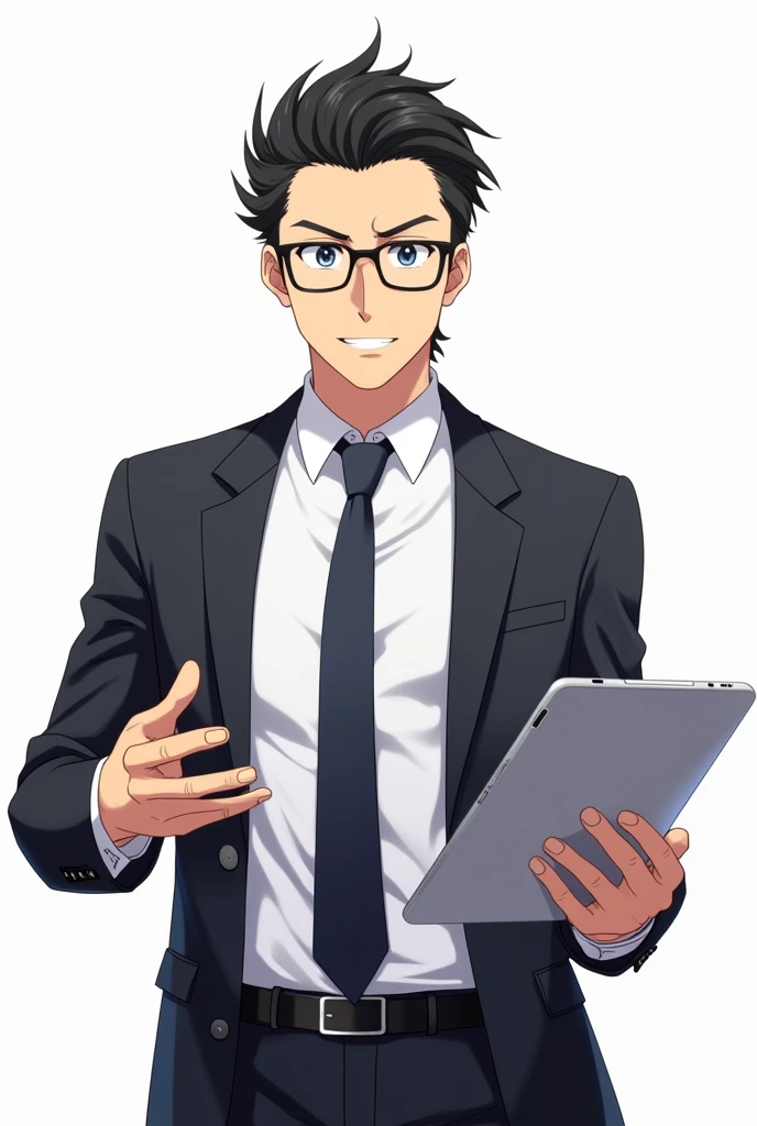 Black hair male teacher, glasses, white shirt and tie, jacket, holding an iPad, anime image, white background, 1080p image