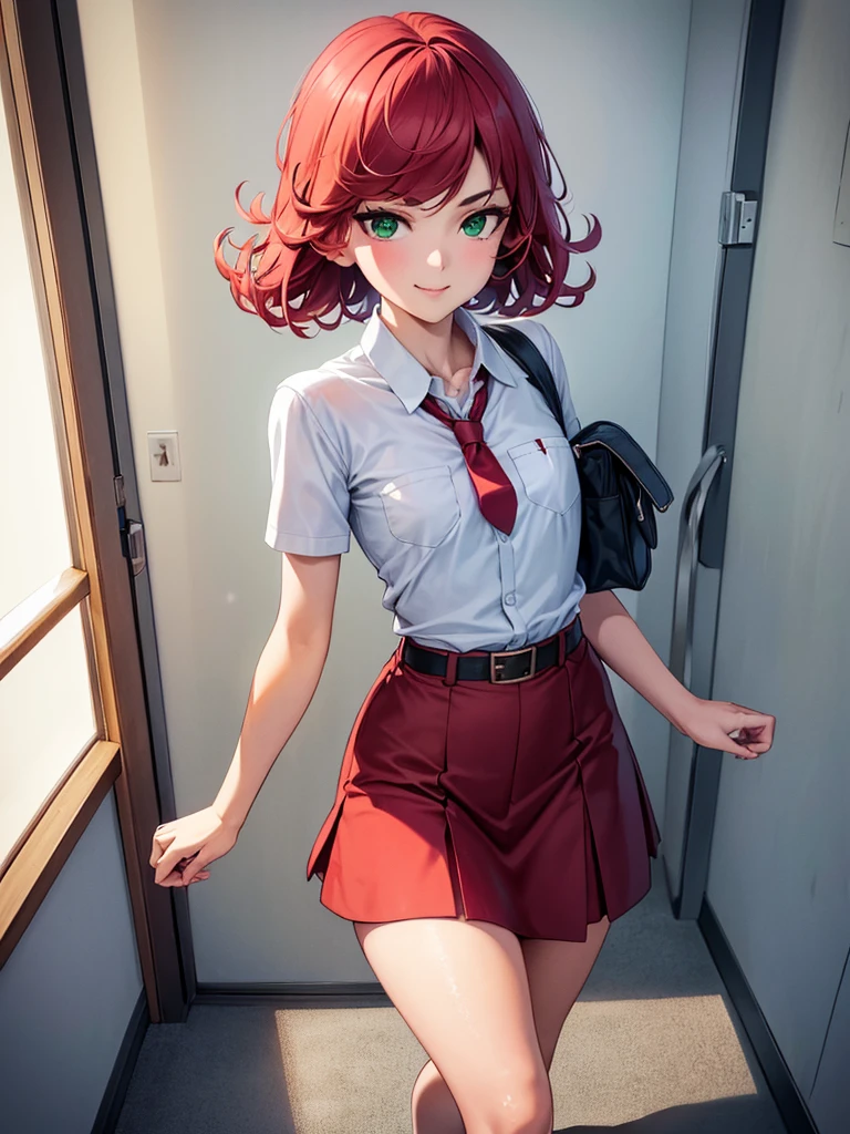 (high res, 8K, masterpiece, looking at viewer, best quality, very aesthetic, ultra detailed, ultra background, ultra Eyes, Realistic Eyes), intricate details, 1girl, Tatsumaki, short sleeved white shirt, Smile Face, pocket on left chest, wearing a red tie, red short skirt, wear a belt, Green short hair, Green eyes, carry a bag, walking in the school hallway, lots of people,Background school hallway, School, Cinematic Angle