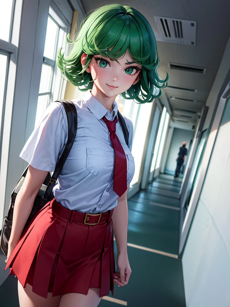 (high res, 8K, masterpiece, looking at viewer, best quality, very aesthetic, ultra detailed, ultra background, ultra Eyes, Realistic Eyes), intricate details, 1girl, Tatsumaki, short sleeved white shirt, Smile Face, pocket on left chest, wearing a red tie, red short skirt, wear a belt, Green short hair, Green eyes, carry a bag, walking in the school hallway, lots of people,Background school hallway, School, Cinematic Angle