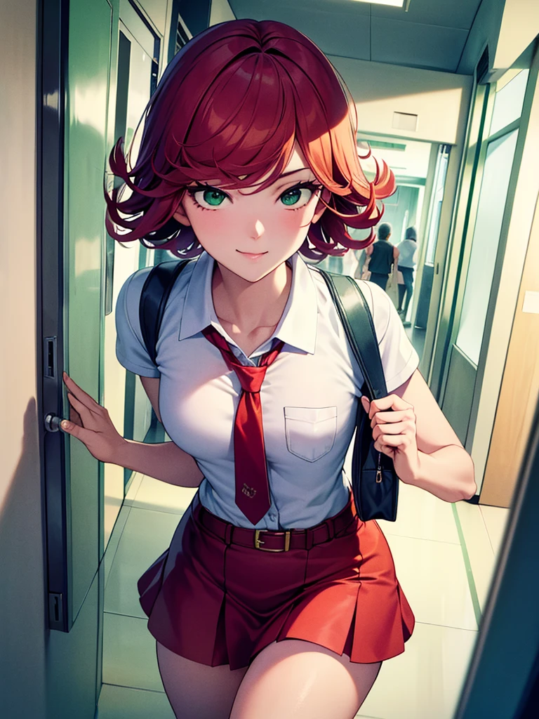 (high res, 8K, masterpiece, looking at viewer, best quality, very aesthetic, ultra detailed, ultra background, ultra Eyes, Realistic Eyes), intricate details, 1girl, Tatsumaki, short sleeved white shirt, Smile Face, pocket on left chest, wearing a red tie, red short skirt, wear a belt, Green short hair, Green eyes, carry a bag, walking in the school hallway, lots of people,Background school hallway, School, Cinematic Angle