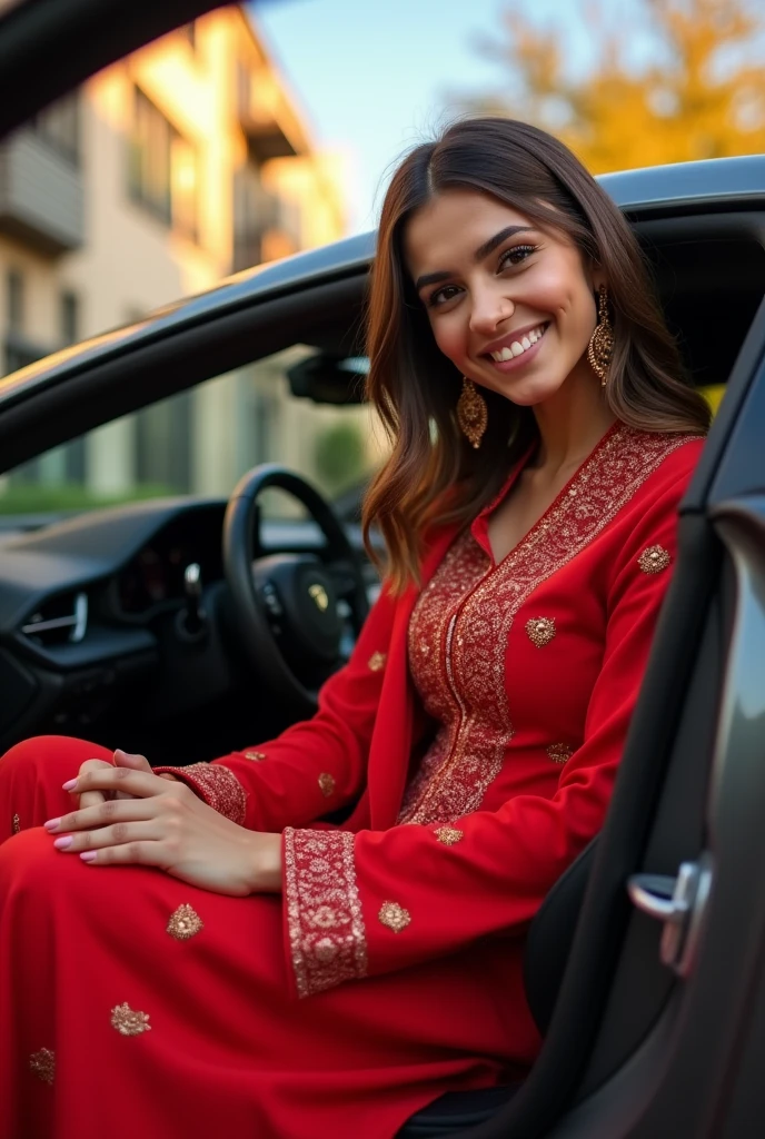 wanna a realistic picture 20 Year old Pakistani beautiful woman who is exact replica of having dimples and fair skin wearing eastern red shalwaar qamees with scarf sitting in a lamberghini more images far that full car will show