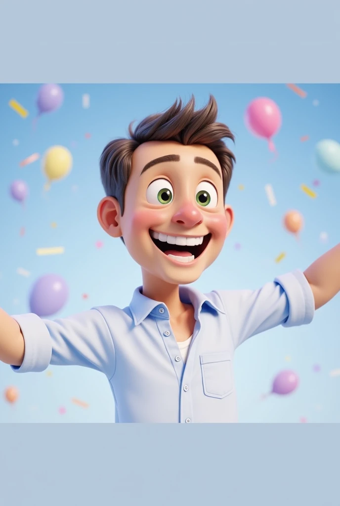 Cartoon character of a man blue shirt, 45 years old adult, an animated character, stylized character, animation style rendering, 3d stylized, Cartoon character of a man blue shirt, 45 years old adult, an animated character, stylized character, animation style rendering, 3d stylized, wide smile, shining eyes, and arms raised in a sign of enthusiasm