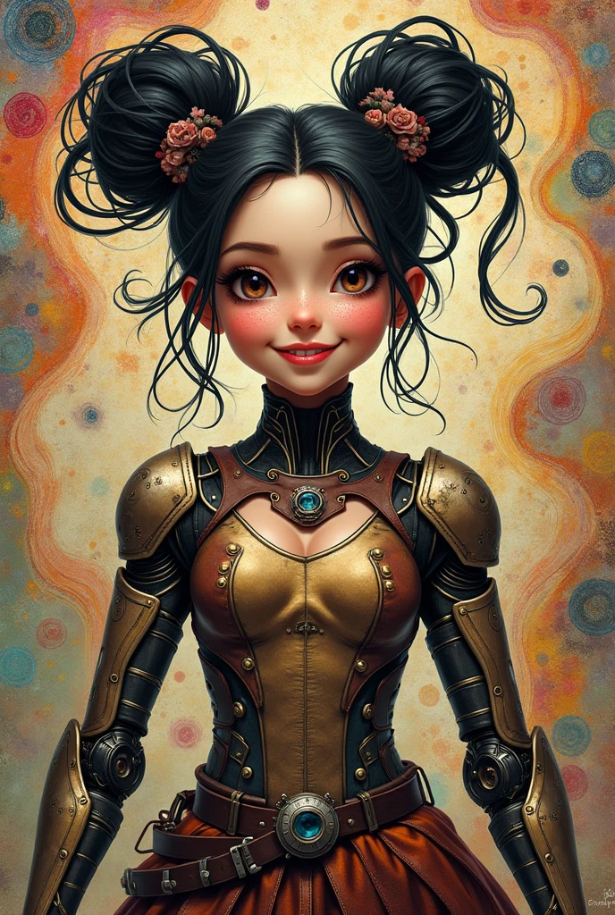 Smiling 1girl with bionic arms in steampunk fashion, captured in ultra high resolution with photorealistic and beautiful lighting. This masterpiece is of the best quality and is set against a zentangle abstract background (weighted at 1.4).