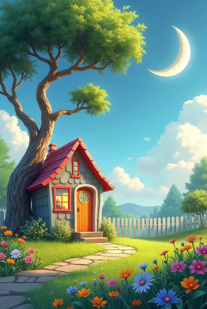 A whimsical tiny little house, a tall skinny tree next to the house, a crescent moon, grass, flowers, and a fence, in a hyper-realistic 3D style with glossy airbrush watercolor effects