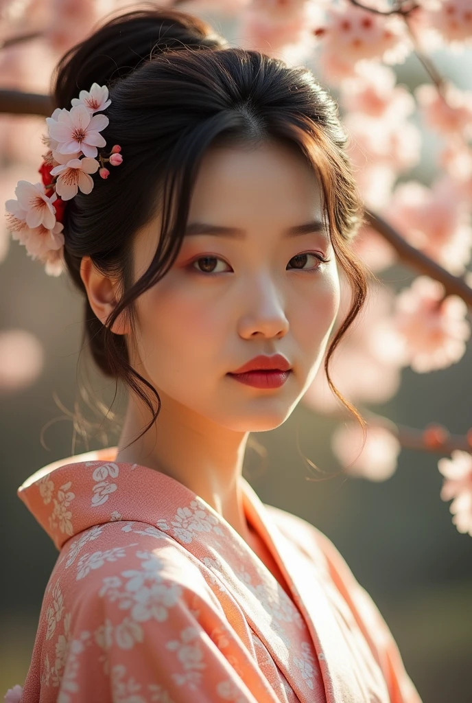 An elegantly dressed Japanese woman in natural light、A close-up of her chest and calm expression.、It shows her inner peace and outer charm.。