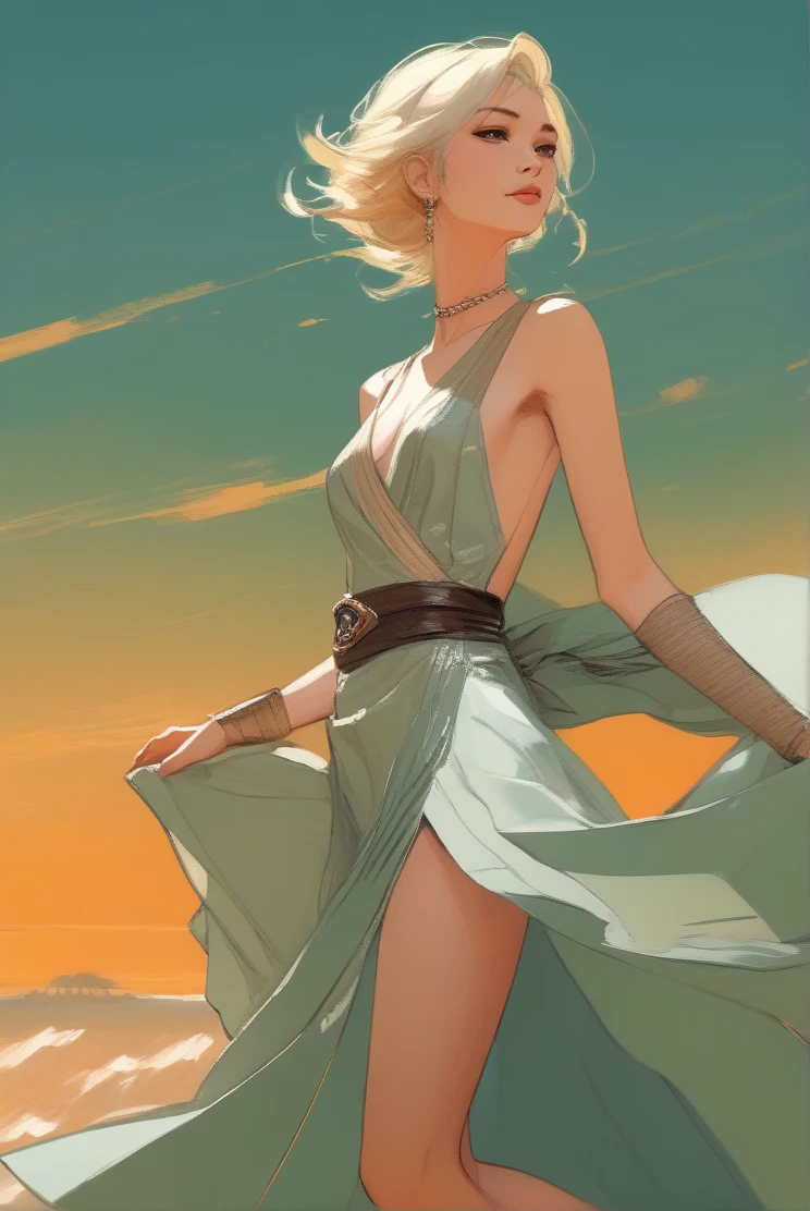 Illustration in styles of Harrison Fisher, Jeremy Mann, Alexandre Cabanel, and Tomer Hanuka, of a stunningly beautiful lady sexy decote em V Escanor girl + Naruto clad in an elegant dress, em seus pés with the contradiction of men's sandália, atmosphere that balances the delicate and the rugged, soft pastel hues for the dress silver Green contrasting their sturdy, leather exterior, textures that interplay tone as if at