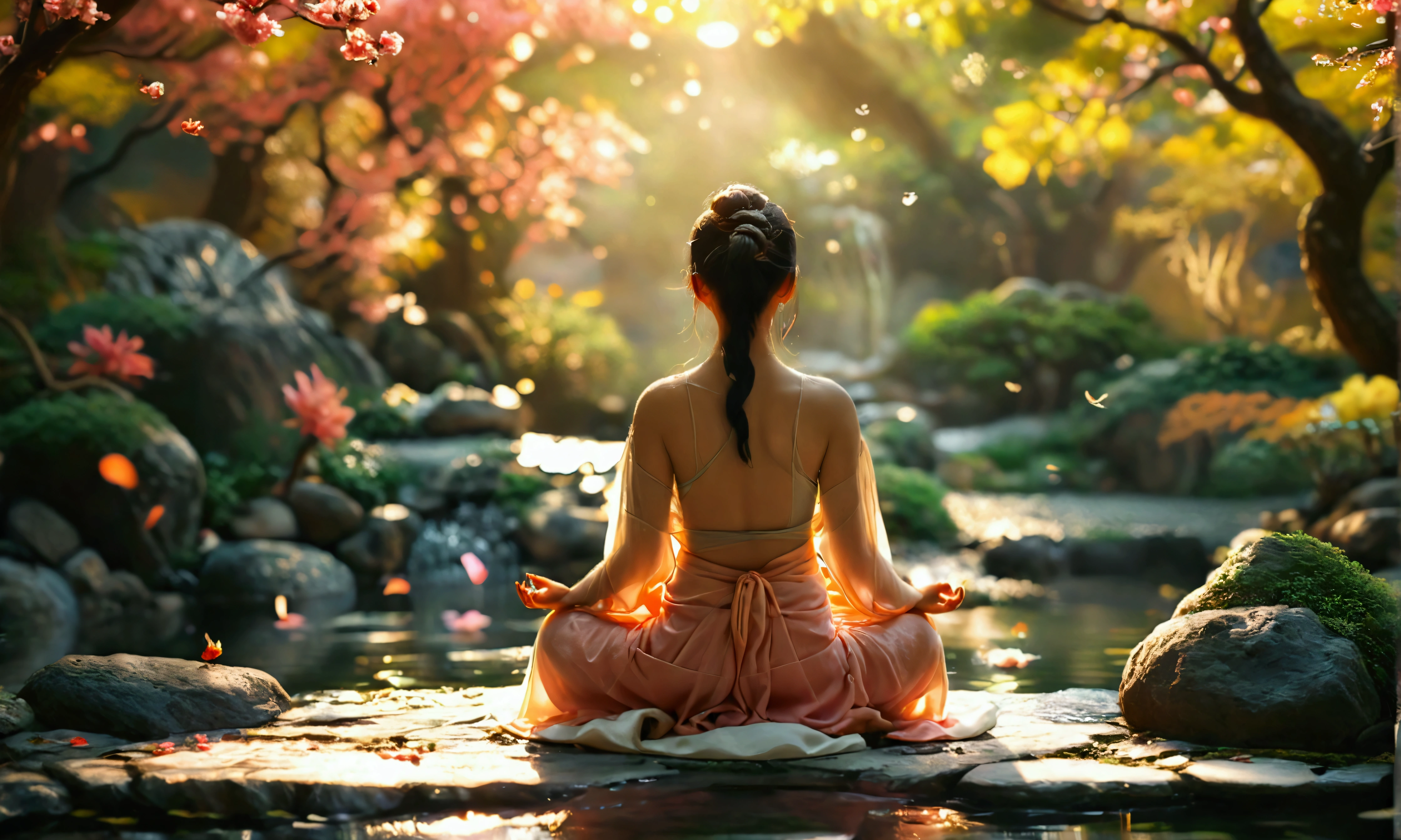 (Highest quality,4K,High resolution,masterpiece:1.2),Super detailed,(Realistic,photoRealistic,photo-Realistic:1.37),Person meditating in a zen garden,Peaceful and calm atmosphere,Lush, beautifully landscaped gardens,wood々Golden sunlight shining between,Natural elements such as rocks and bodies of water,A tranquil pond filled with colorful koi carp,,Petals floating gently in the sky,The gentle sound of wind chimes in the background,Harmony between nature and the human spirit,Calm expression on a person&#39;s face,Deep meditation posture,Close your eyes and place your hands on your lap,A soft ray of light illuminating a person&#39;s face,The scent of incense lingers in the air,The faint scent of blooming flowers,A sense of inner peace and serenity,Promotes mental well-being、Charming and relaxed atmosphere,Zen minimalist art style,A subtle color palette of green and pink hues,Overall a warm and relaxed atmosphere,Gentle natural light creating soft shadows.