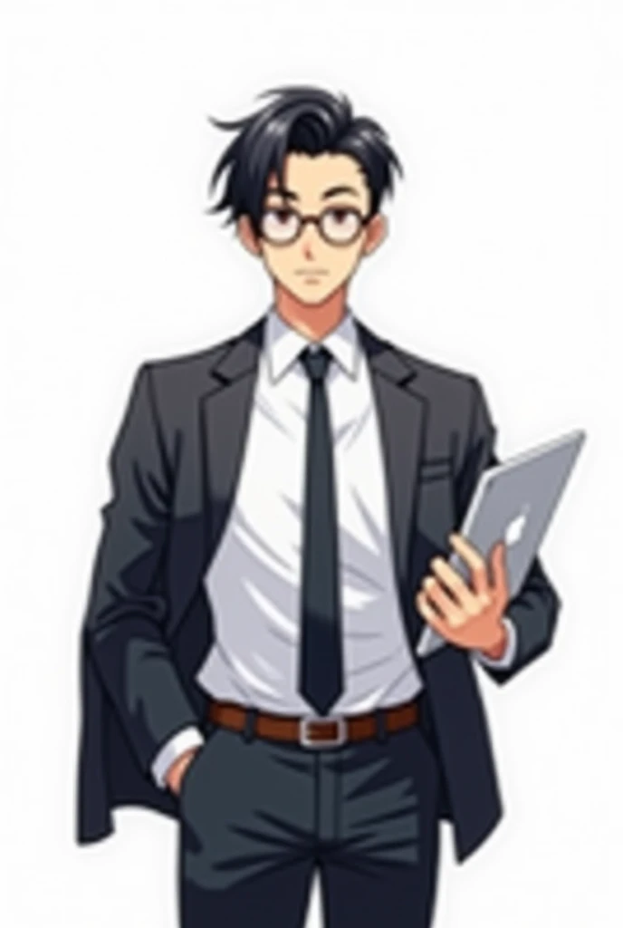 Black hair male teacher, glasses, white shirt and tie, jacket, holding an iPad, anime image, white background, 1080p image