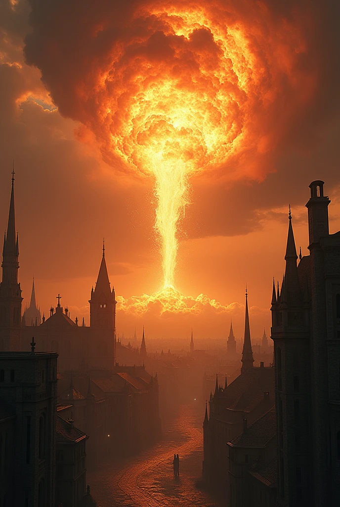 In the sky of the ancient city、Please draw a picture of a big fireball falling.