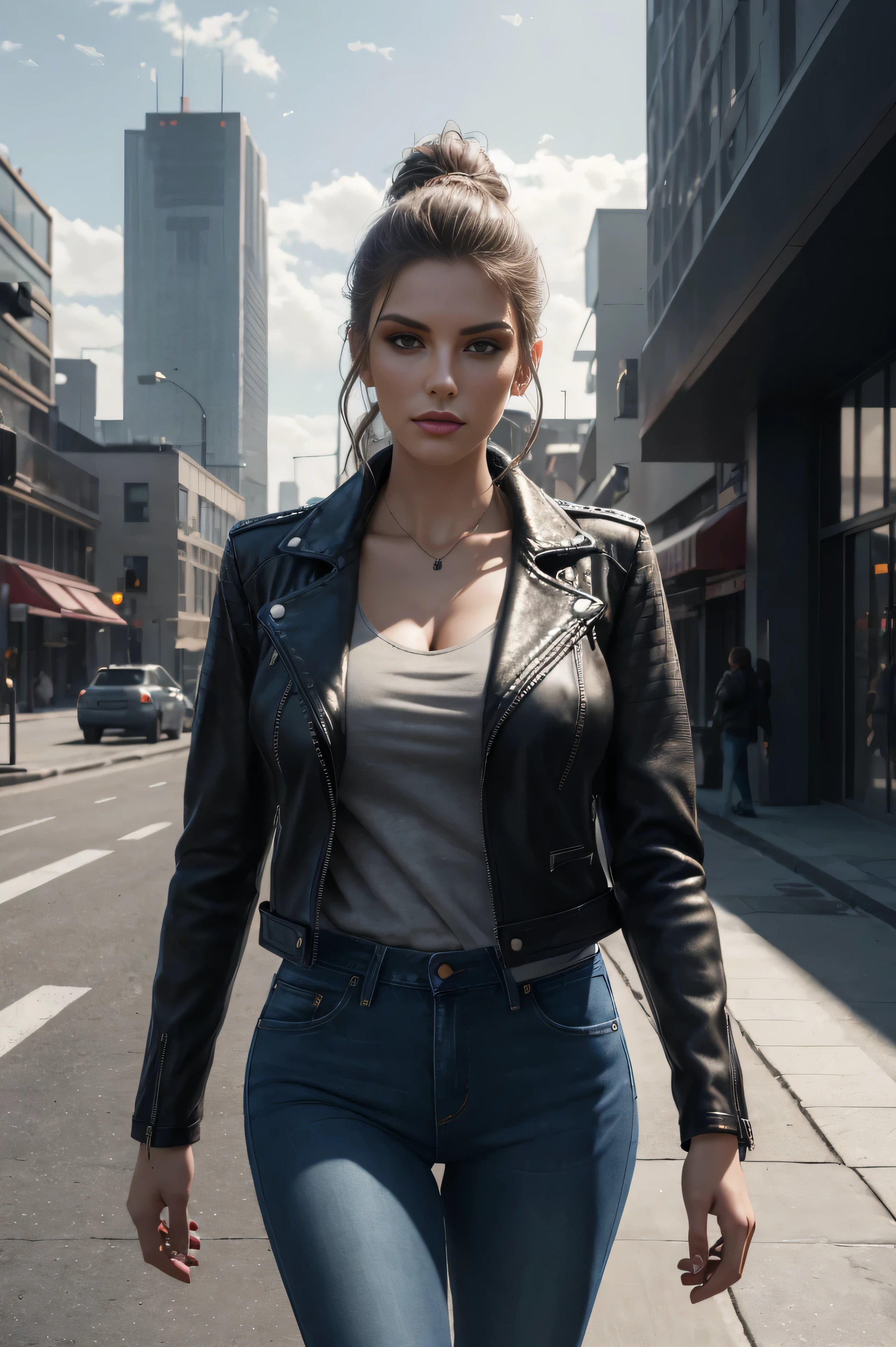 design, interrior, interriordesign Masterpiece, best quality, (highly detailed raw photo:1.2), 8k render in octane, volumetric lighting, volumetric shadows portrait of a woman, (pasionate look), jeans, leather jacket, pullover, walking in city