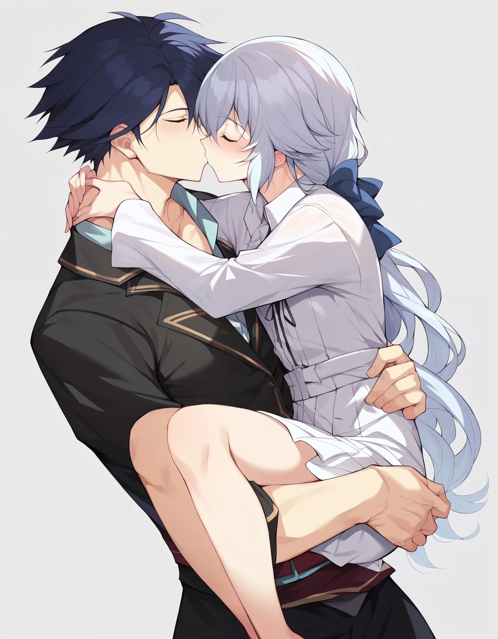score_9, score_8_up, score_7_up, towa_herschel, rean_schwarzer, carrying_on_arms, 1girl, 1boy, kissing, white_background, long_hair