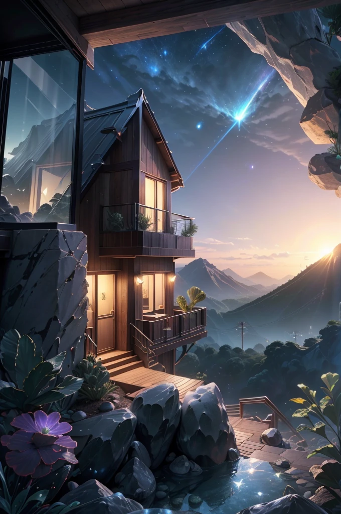 small and beautiful modern house in top of big boulders, terraces, pool, stairs, multiple cacti gardens, palms, trees, rocks, beautiful landscape design, mountains and volcano y background, amazing clouds, sun, moon, planets, milky way galaxy, concrete, wood, glass and steel materials, olive green, violet, orange and withe colors in facade