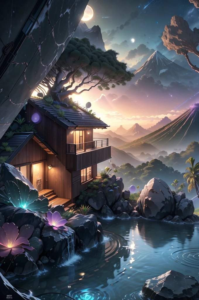 small and beautiful modern house in top of big boulders, terraces, pool, stairs, multiple cacti gardens, palms, trees, rocks, beautiful landscape design, mountains and volcano y background, amazing clouds, sun, moon, planets, milky way galaxy, concrete, wood, glass and steel materials, olive green, violet, orange and withe colors in facade