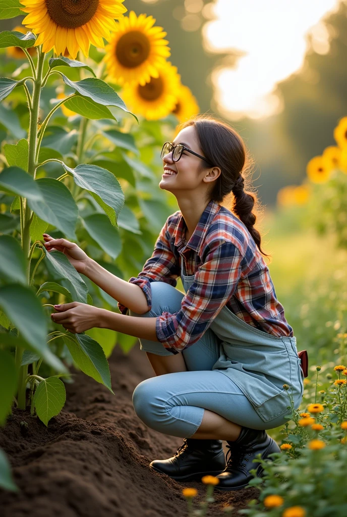 Girl with glasses works as a gardener pruning sunflowers