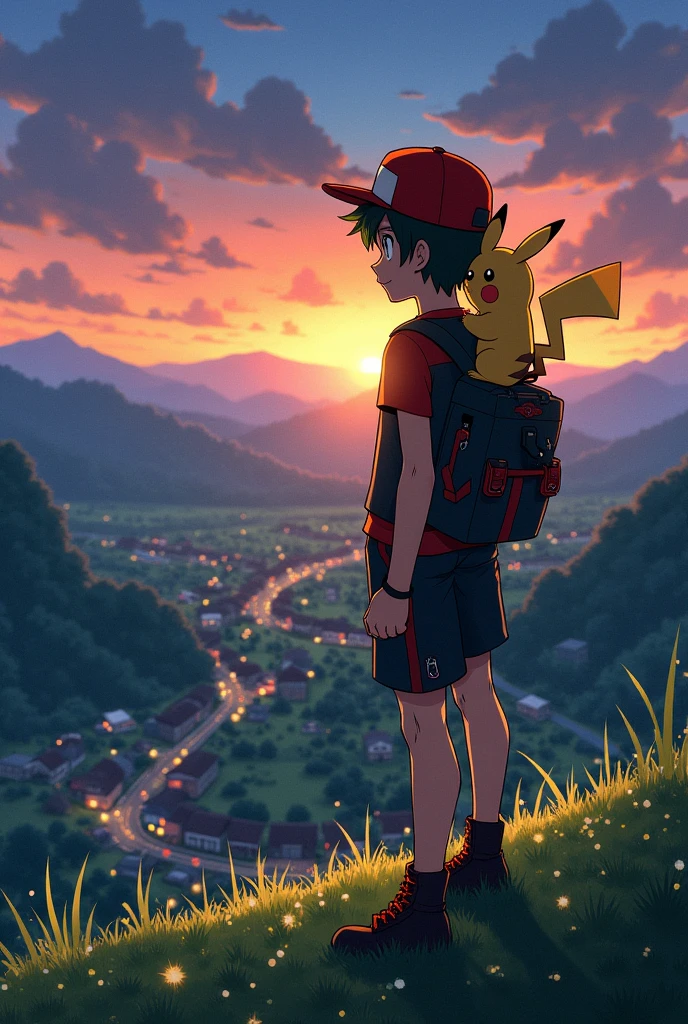 Matured Ash Ketchum with black and red clothing standing on the hill looking at the pallet town