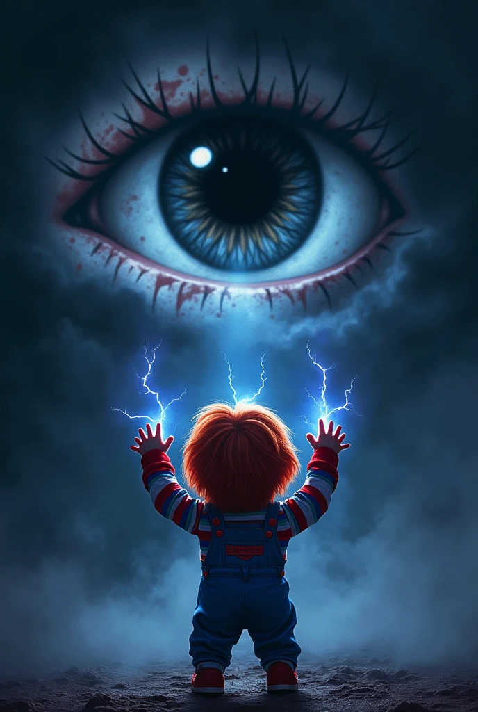 Make Chucky raise his hands while making energy coming out of his hands and looking at the dark sky with a cosmic dark eye, around the eyes there is black smoke 