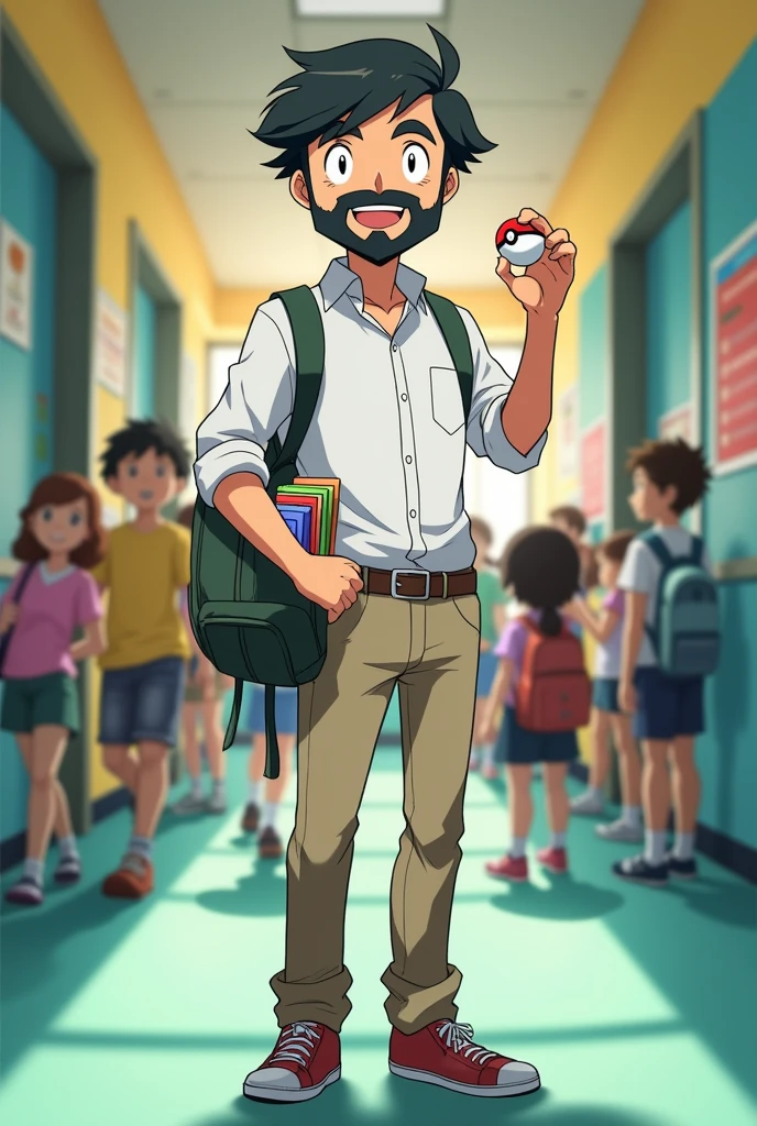 Anime pokemon style, Short black hair teacher with full beard, right hand holding a pokeball. Left hand holding books, wearing a white shirt and a leg bag with some school supplies. School