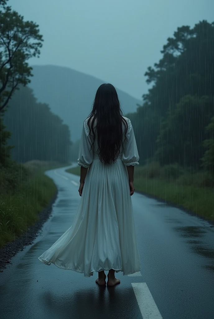 A men with long hair white dress standing in a road during Rain