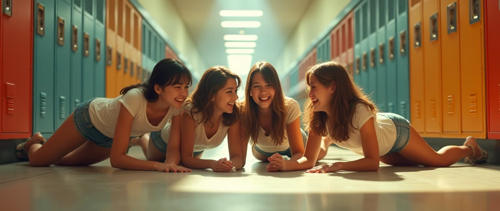 (photorealism:1.2), highschool hallway, women ((16 yo/midteen girls)) crawl over each other on all fours wearing tight uniforms and microskirts. Their eyes are wide open and gaze aimlessly . Tiny beads of sweat trickle down their skin. In a dreamlike euphoria, they arch their backs and firmly knead each other's most ample places