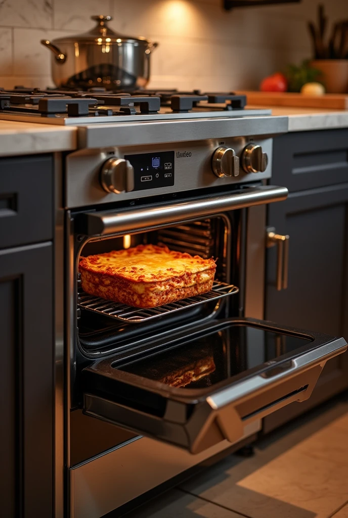 luxury oven with fresh lasagna inside the open oven