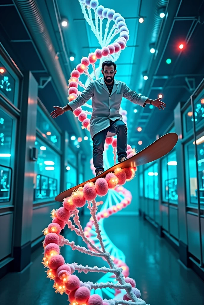 a scientist wearing white apron, surfing a DNA molecule with four bases colours