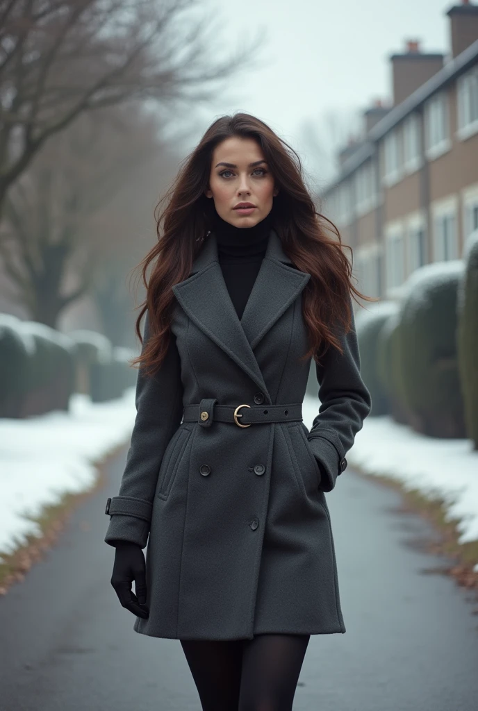 A brunette woman with reasonably large breasts and a big ass in England in the cold