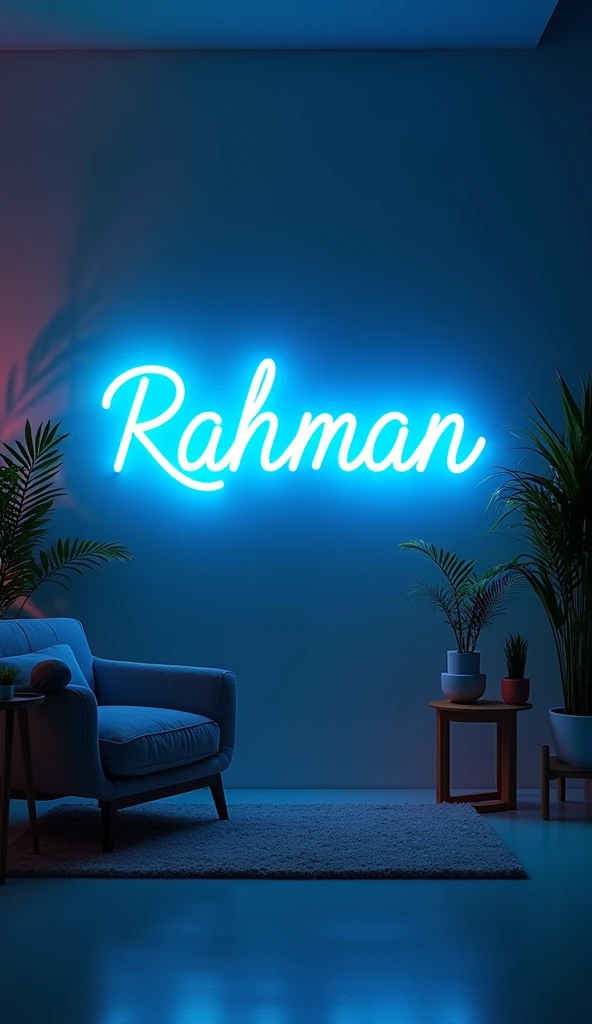 Create a instagram studio background with a modern and sleek design. In the center of the background, display the name 'Rahman' in bright neon lights with correct spelling. The neon lights should be in a vibrant color, such as electric blue or neon pink. Surround the neon text with subtle, complementary lighting and decor that enhances the studio aesthetic. The overall ambiance should be stylish, professional, and inviting, perfect for a instagram content creator's studio
